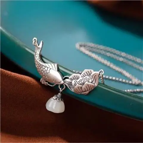 

Ailian Said Carp Lotus Hotian Jade Pendant Jade Lotus Seedpod S925 Sterling Silver Clavicle Necklace Hanfu Palace Style,