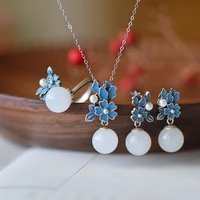 black angel new khotan jade vintage sempervivum flower cheongsam jewelry set earrings necklace ring for women student gift