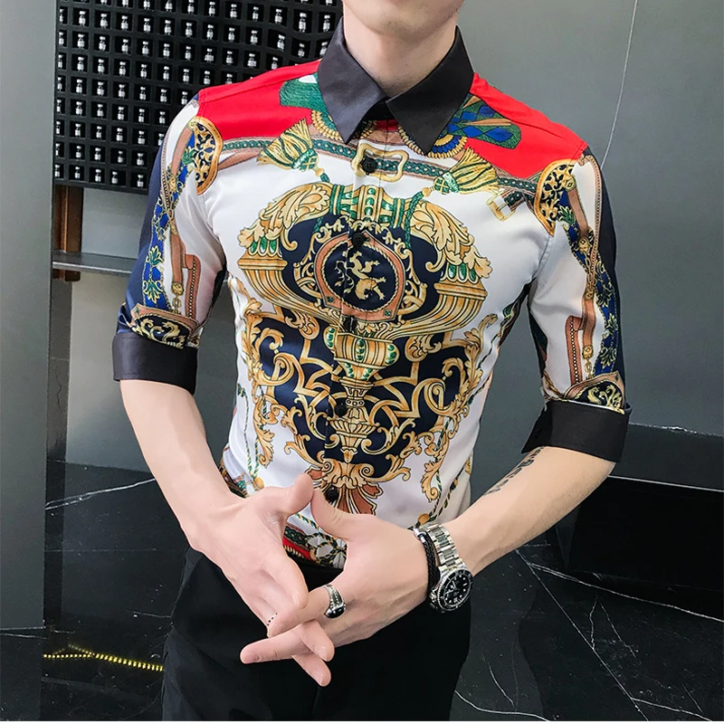 

Spring and Summer 2019 Men's Five-Sleeve Shirt Middle-men Short sleeve shirt Social Flower Shirt A236-1963-P55