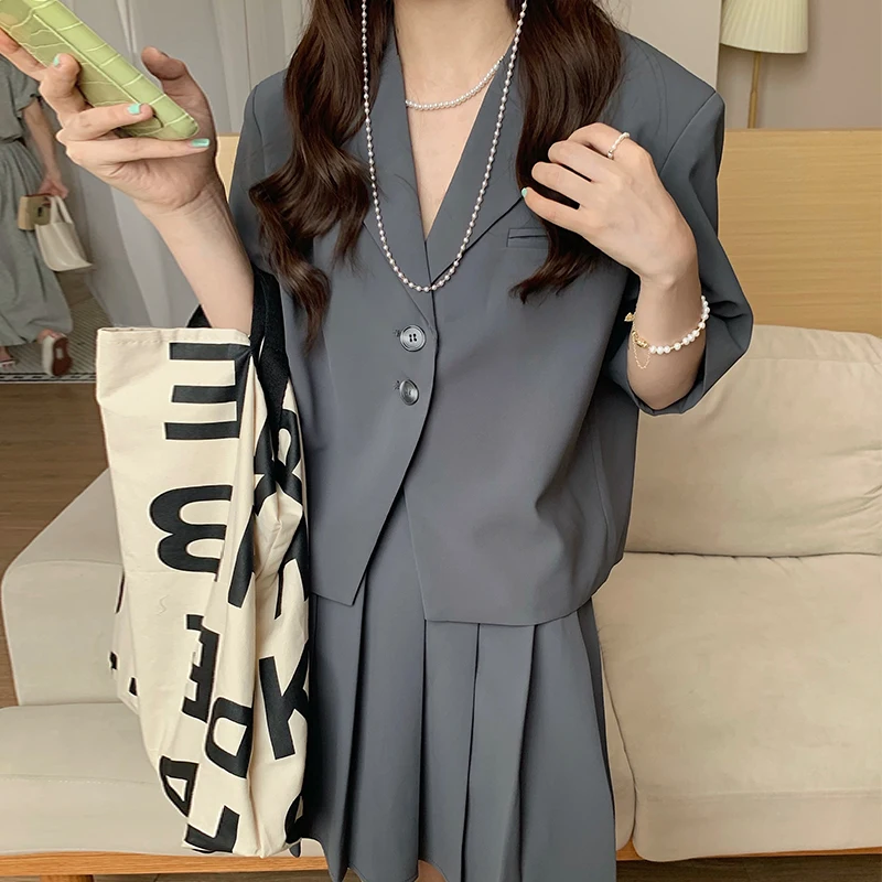 

Korean Style Two Piece Set Women Skirt Short Sleeve Crop Blazer and High Waist Mini Pleated Skirt Suits 2 Piece Outfits Summer