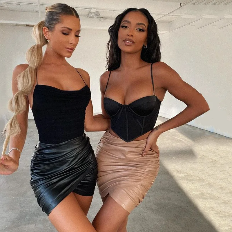 

2021 Women Mini Skirts Leather Pleated Ruched Bodycon Zip Up Pu Pencil Skirt Skinny Party Clubwear Female Lady Clothing
