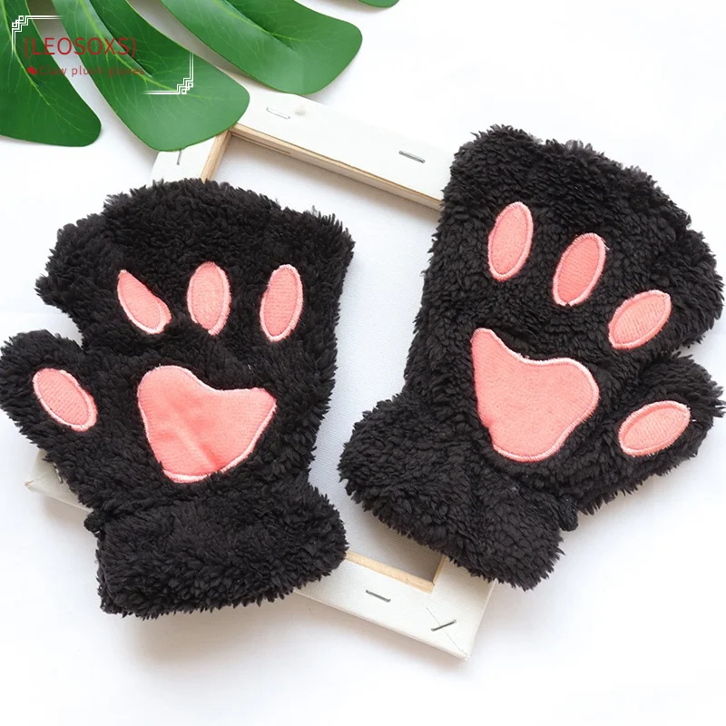 

Ladies Cartoon Cat's Paw Gloves Student Winter Fingerless Warmth Padded Gloves Cartoon Bear Paw Plush Gloves Office Gloves