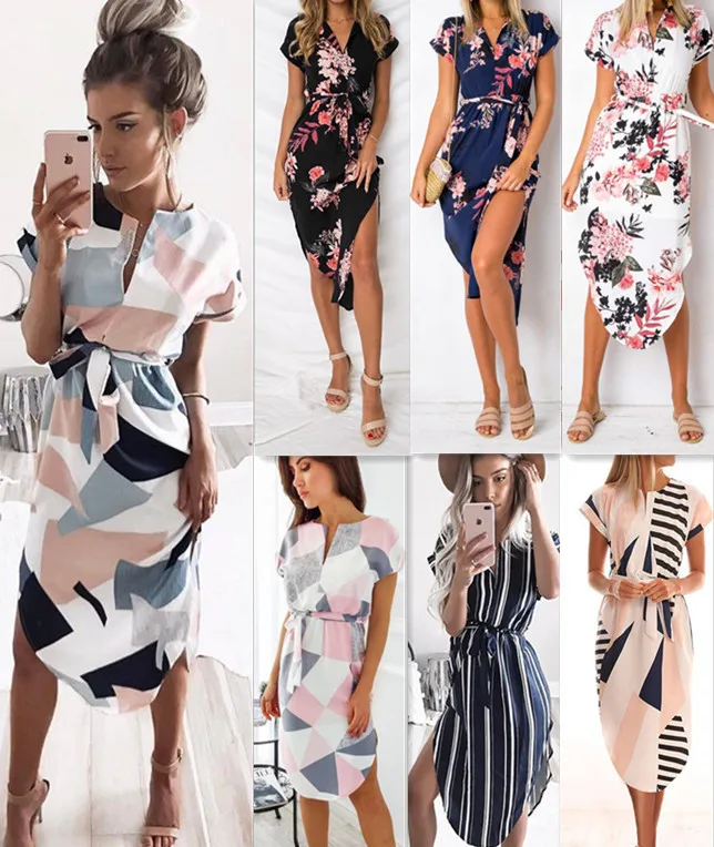 

2020High quality women's geometric print dress sexy fashion Vestidos dress summer beach clothing casual short sleeve loose dress