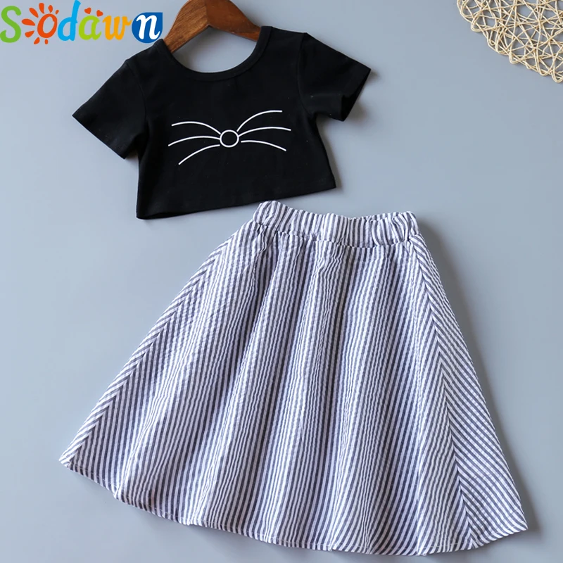 

Sodawn Summer New Kids Clothes For Girls 2Pcs Black Short T-Shirt+Stripe Skirts Children Toddler Girls Clothing Sets