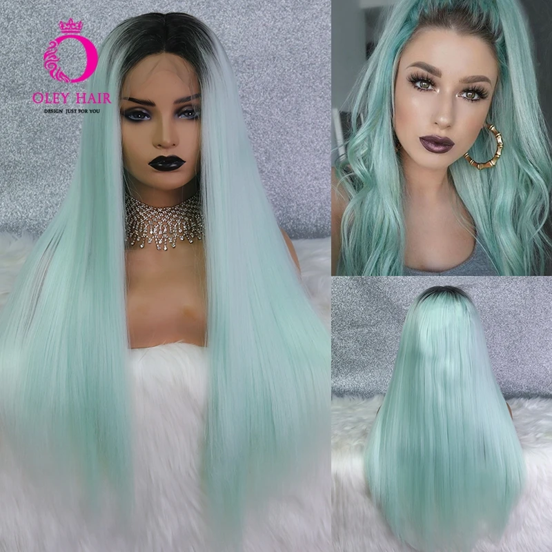 Blue Wig Heat Resistant With Black Roots Synthetic Lace Front Wig Lolita/Cosplay Ombre Wigs For Black Women Oley