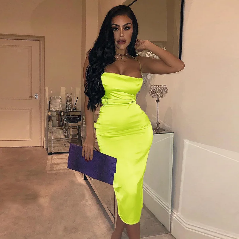 

Satin Midi Dress Women Summer Sling Sleeveless Backless Lace Up High Waist Bodycon Dress Lady Elegant Neon Sexy Club Party Dress