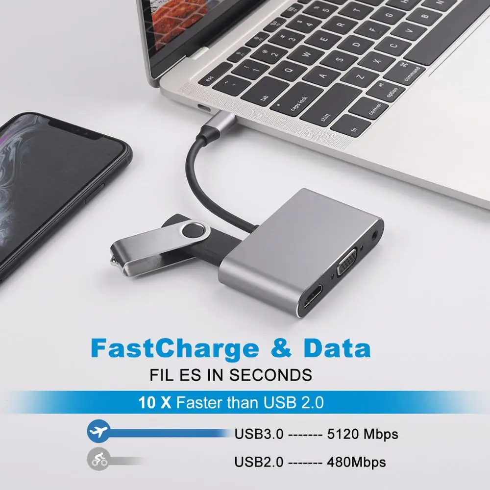 Концентратор типа C 5 в 1 VGA 1080P HDMI 4k USB 3 0 PD концентратор разветвитель для ПК mac book
