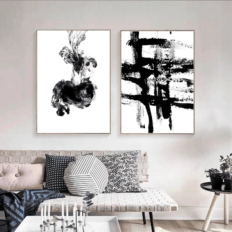Современная Абстрактная Картина на холсте черно белые чернила настенная