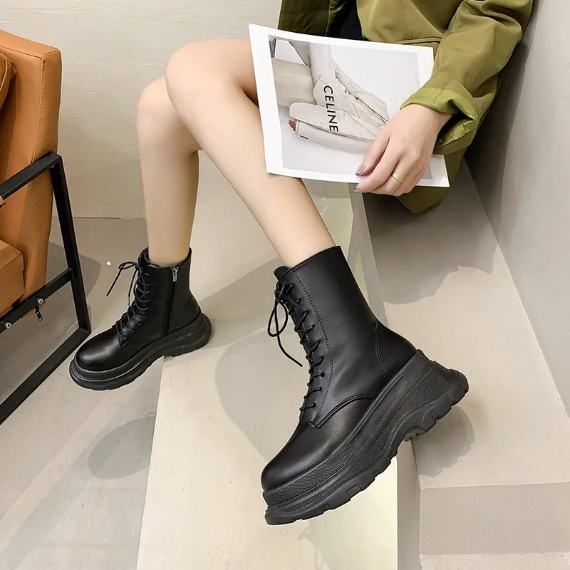 Short boots 2021 new fashion women's short boots snow boots PU leather side zipper non-slip warm shoes lace up black women boots