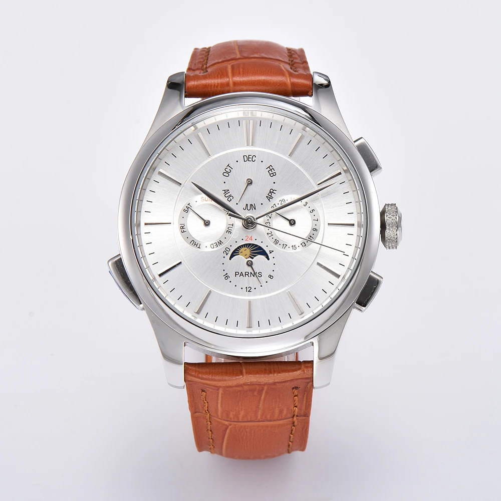 Часы наручные Parnis Мужские автоматические механические с коричневым календарем в