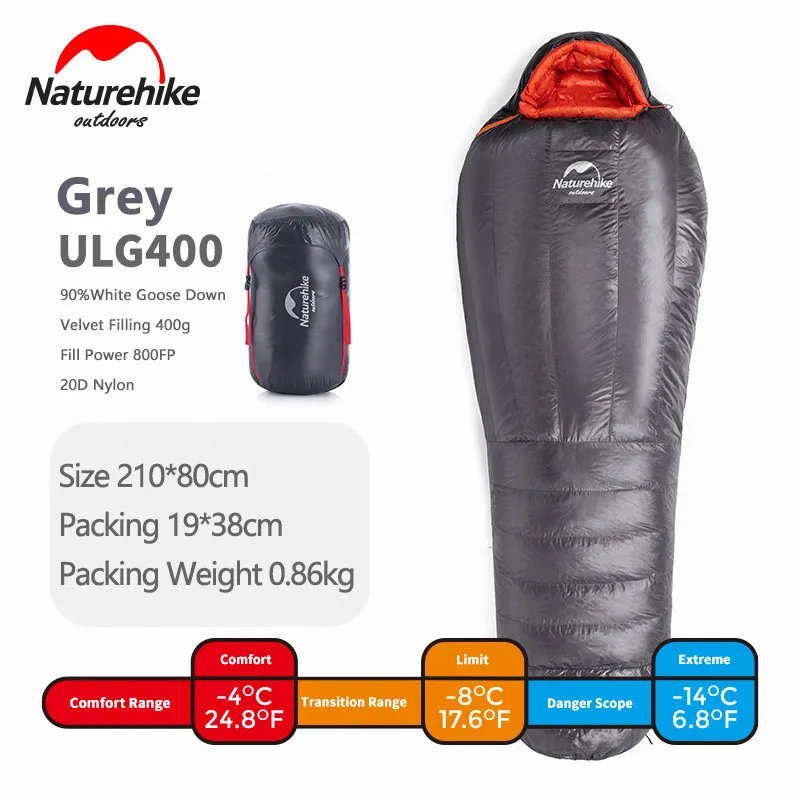 ULG400-Grey Naturehike Кемпинг гусиный пух заполняющий 800FP зимний спальный мешок 20D нейлон Сверхлегкий утолщенный Мумия водонепроницаемый теплый спальный мешок - Цвет: ULG400-Grey