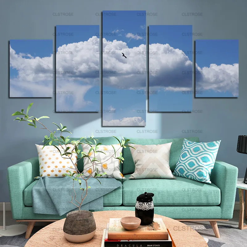 

Blue Sky and Clouds Poster 5Pcs Home Bedroom Living Room Wall Art Irregular Decorative Canvas Painting Hd Print Frameless Style