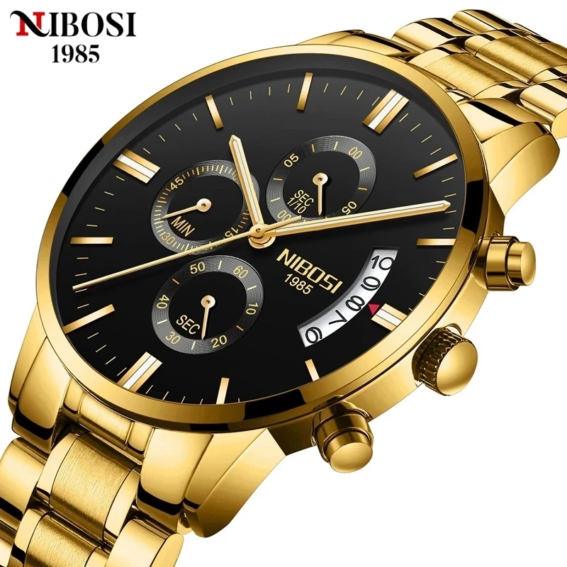 Часы наручные NIBOSI Мужские кварцевые золотистые брендовые модные повседневные в