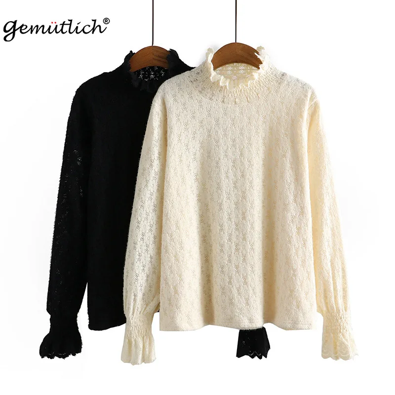 

GEMUTLICH Women Big Size Thick Warm Lace Shirt Half High Collar Ruffle Fleece Top Autumn Winter Bottoming Shirt Pullover New
