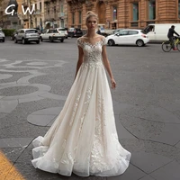 elegant modern lace appliques wedding dresses 2022 cap sleeves bride gowns button backless tulle bridal robes vestido de novia