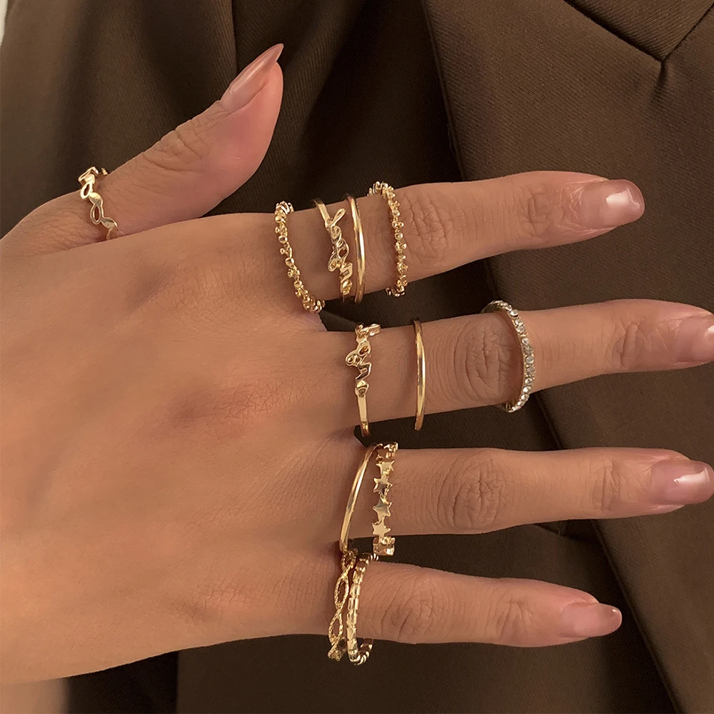 

Lacteo 12Pcs/Set Geometric Exaggerated Shape Charm Rings For Women 2021 Fashion Trendy Hollow Adjustable Rings Jewelry Gifts