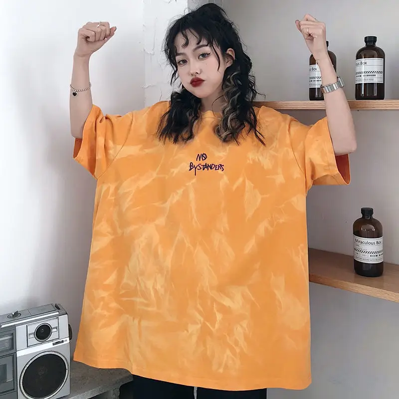 

Hip Hop Street Short Sleeve Medium Length T-Shirt Summer Women's Letter Printing Loose O-Neck Half Slee Tshirt Versatile TS036
