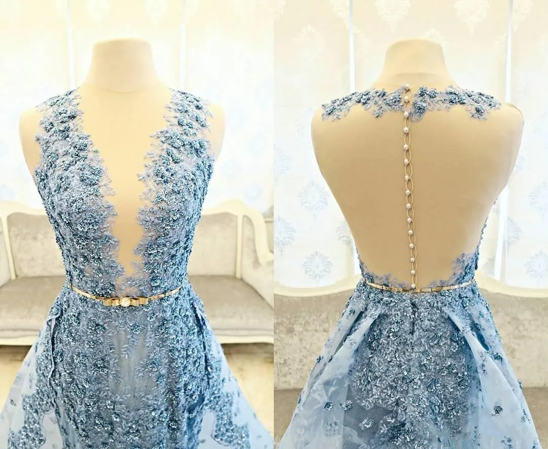 

Light Sky Blue Overskirt Mermaid Dresses Evening Wear Plunging Neck Lace Applique Backless Formal Dress Sweep Train Tulle