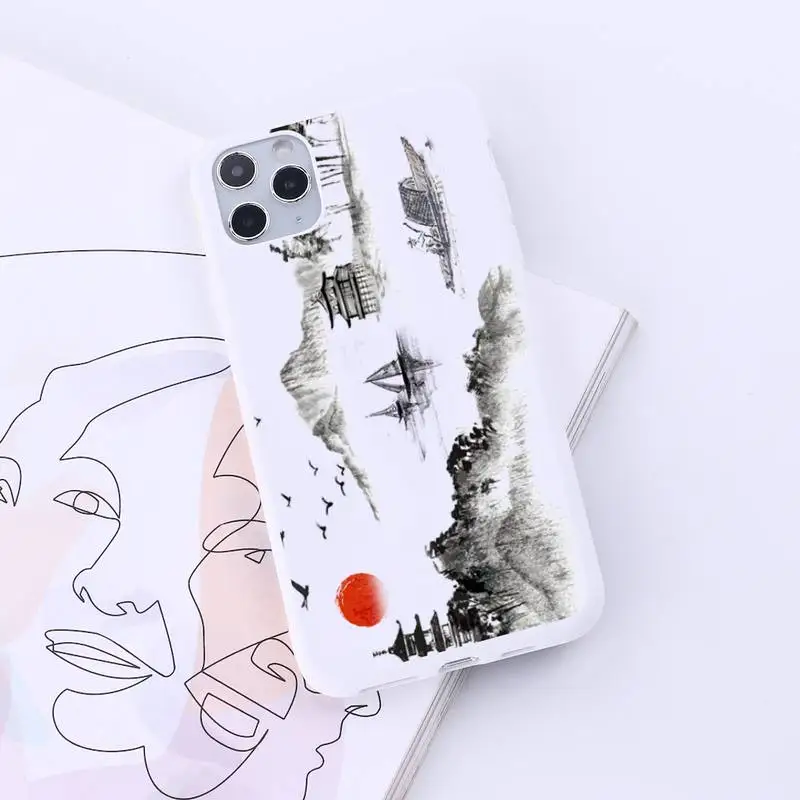 

Chinese landscape painting art Phone Case White Candy Color for iPhone 6 7 8 11 12 s mini pro X XS XR MAX Plus
