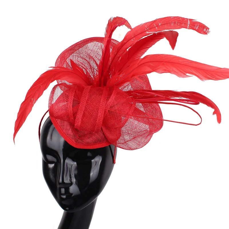 

Ladies Gorgeous Red Fascinators Hat Wedding Headbands Women Elegant Headwear Fancy Feather Headpieces Hairpins Hair Accessories