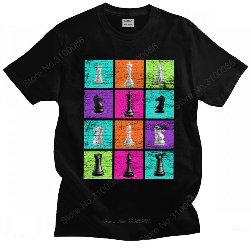 

Retro Chessmen Chess T-shirt Men Cotton Chess T Shirt Chessboard Game Tee Tops King Queen 60s Board Game Horse Fan Player Tshirt
