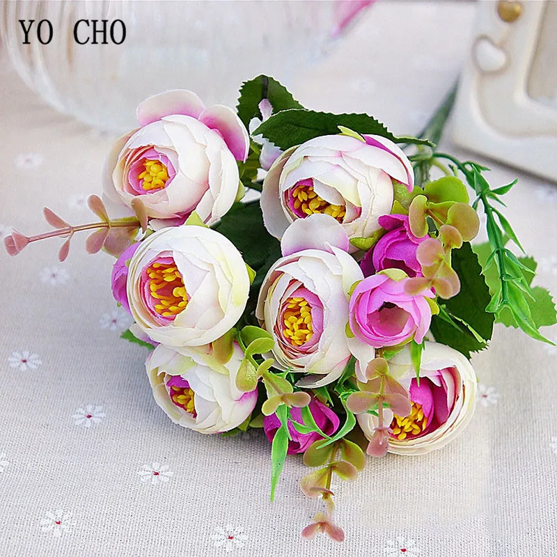

10 Heads Artificial Small Tea Roses Bunch Simulation Rose Flower Bouquet Wedding Floral Home Party Table Decoration Fake Flowers