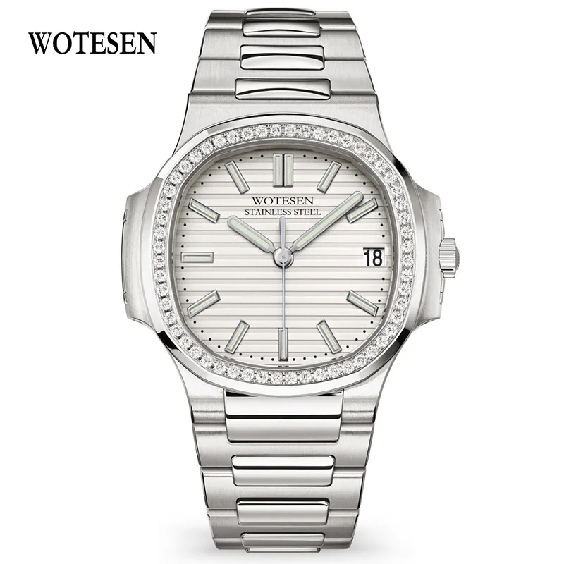 Silver White WOTESEN Топ Роскошные мужские часы с бриллиантами кварцевые Брендовые Часы мужские кварцевые Стальные армейские военные часы мужские деловые наручные часы - Цвет: Silver White