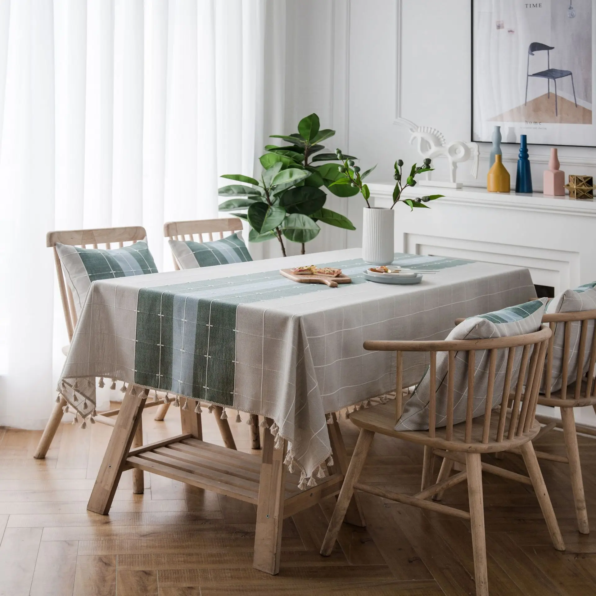 

Клетчатая скатерть с кисточкой, утолщенная прямоугольная имитация льняного хлопка, Скандинавская антиобжигающая скатерть для обеденного ...