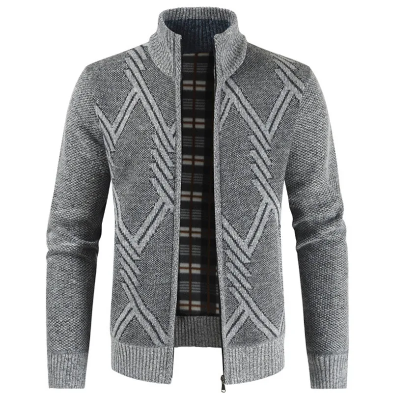 Мужской приталенный кардиган с геометрическим узором Теплый Бархатный
