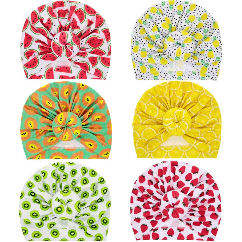 

New Toddler Fresh Fruit Printing India Turban Hat Baby Girls Elastic Knotted Balls Beanies Headwrap Kids Headwear