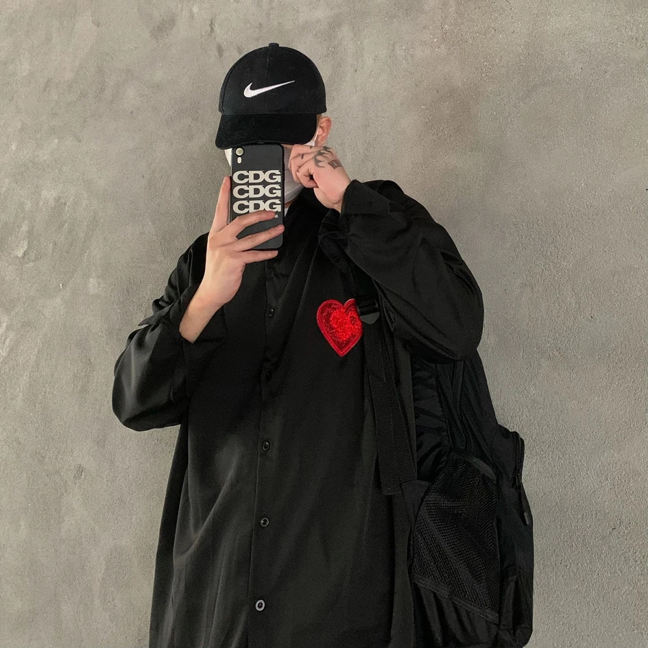 

Harajpoo Couple Shirt 2021 Spring Autumn Korean Ins Trendy Hip-Hop Pure Color Love Embroidery Draping Loose Long-Sleeved Blouse