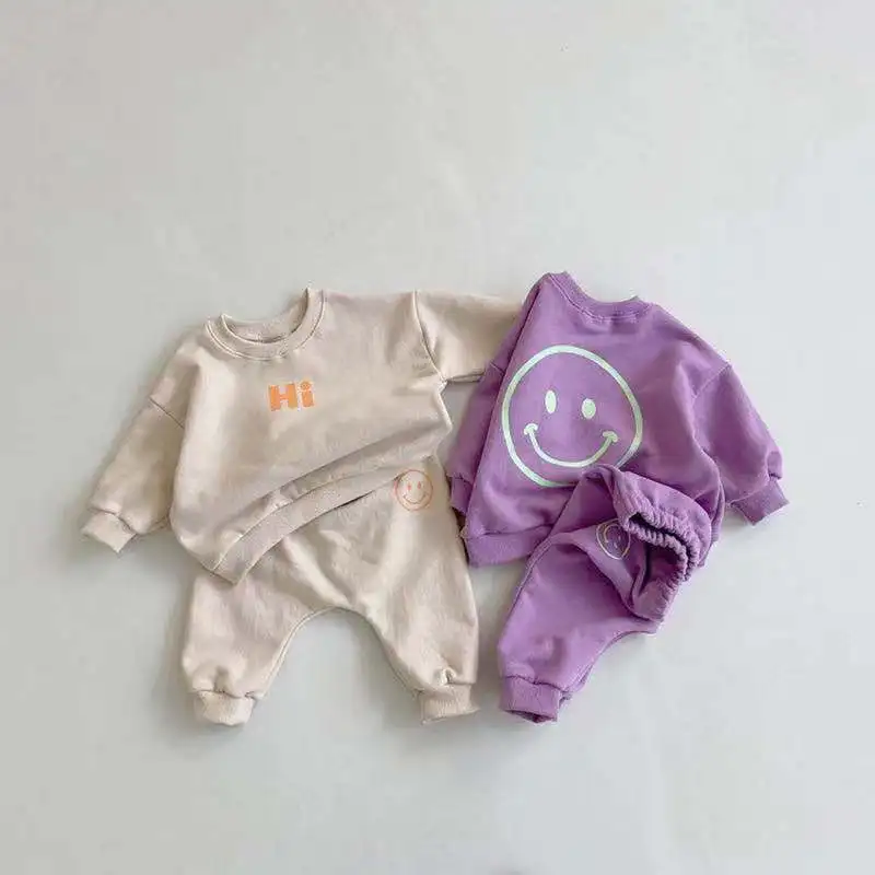 

Spring Autumn Children Smiling HI Sweater Clothing Set Boys And Girls Sports Sweater Pants 2pcs Outfit Kids Casual Tracksuits