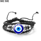Очаровательные браслеты Blue Evil Eye, черные кожаные плетеные браслеты в стиле панк-рок, стеклянный кабошон, браслеты с кнопками-застежками, ювелирные изделия, подарки в турецком стиле