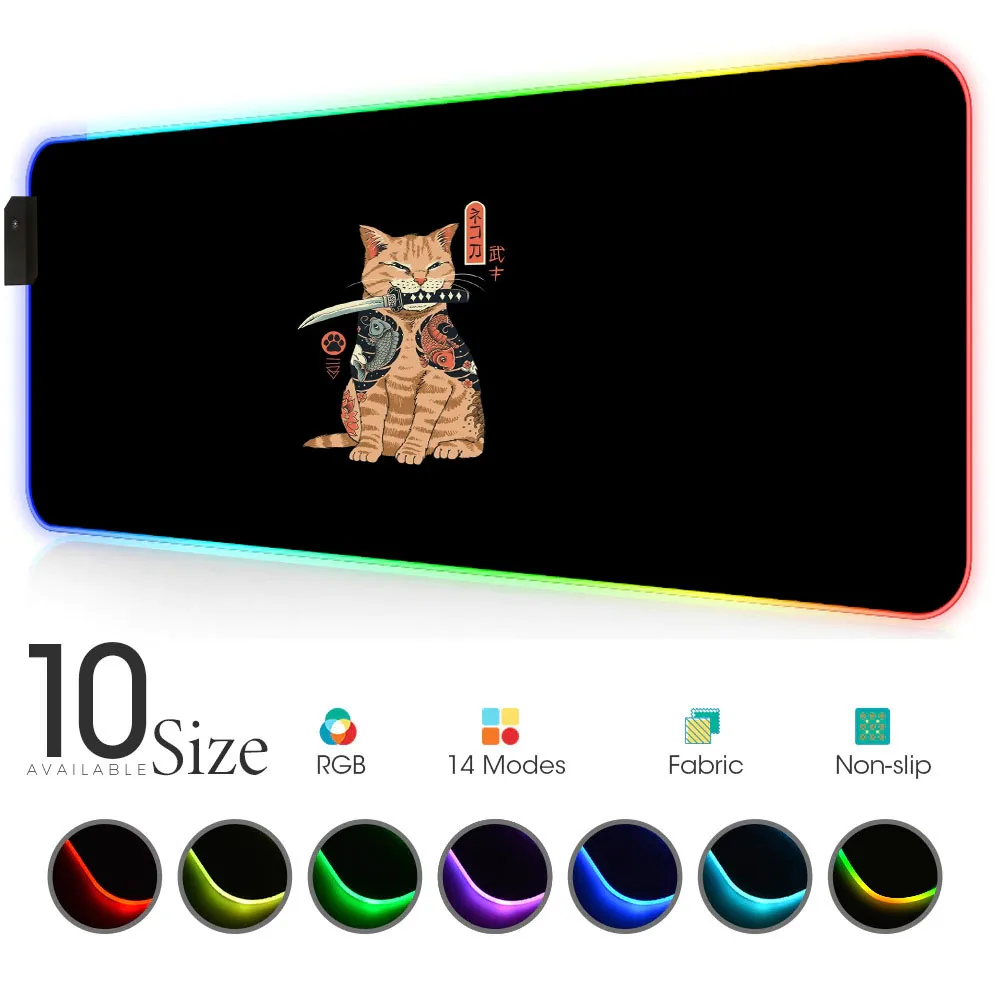 

Minimalist samurai RGB Mouse Pad Cat Black Gamer Accessories LED MousePad xxl Gaming PC Desk Play Mat with Backlit mouse mat