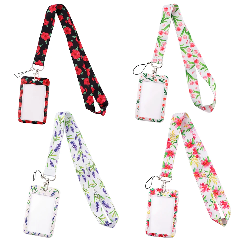 

JF0274 Flower Red Lanyard Credit Card ID Badge Holder Key Ring Bag Student Woman Travel Bank Bus Business Card Cover keychain