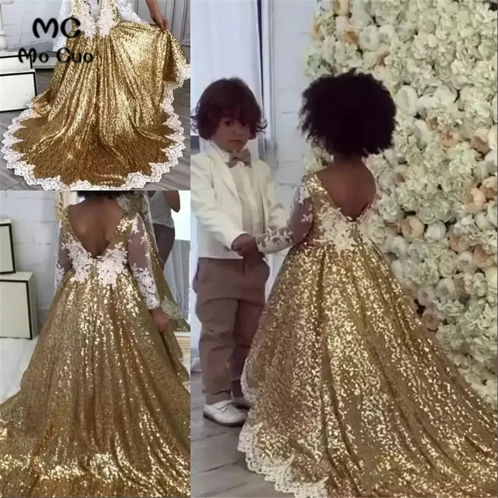 

Blingbling Ball Gown first communion dresses for girls with Sequined Long Sleeves flower girl dresses for weddings