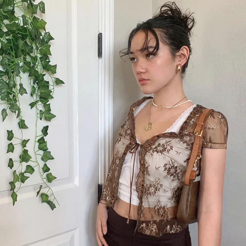 

2021 Floral Embroidery Womens Tops Solid V Neck Lace Up Knitted Ladies Tops Y2k Short Sleeve Perspective Casual Shirts Aesthetic