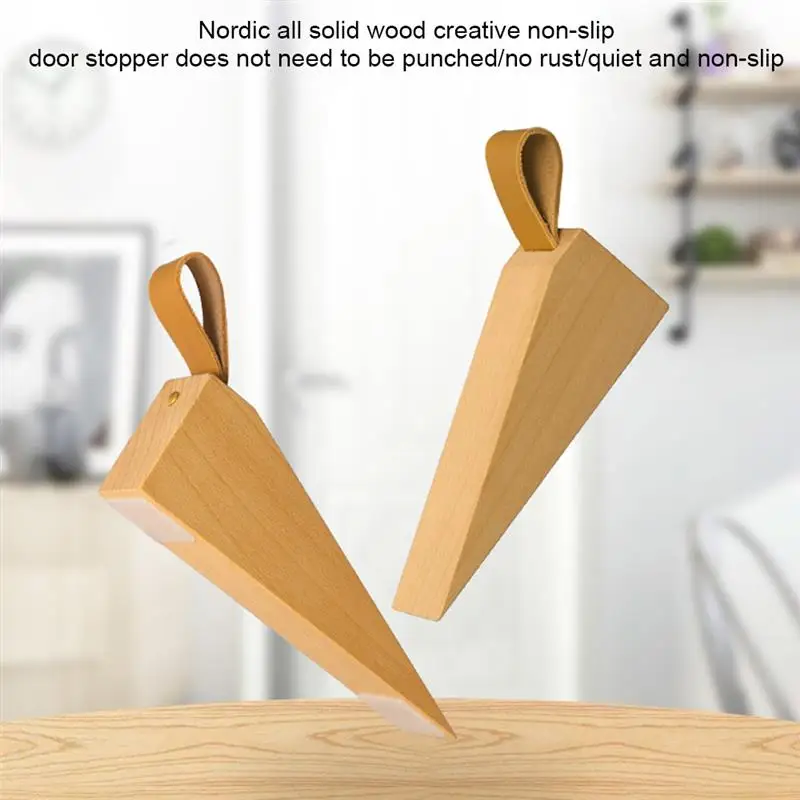 

Wood Door Stop Nonslip Baby Fingers Protector Heavy Duty Beech Door Stopper Wedge with Leather for Hanging Home Office