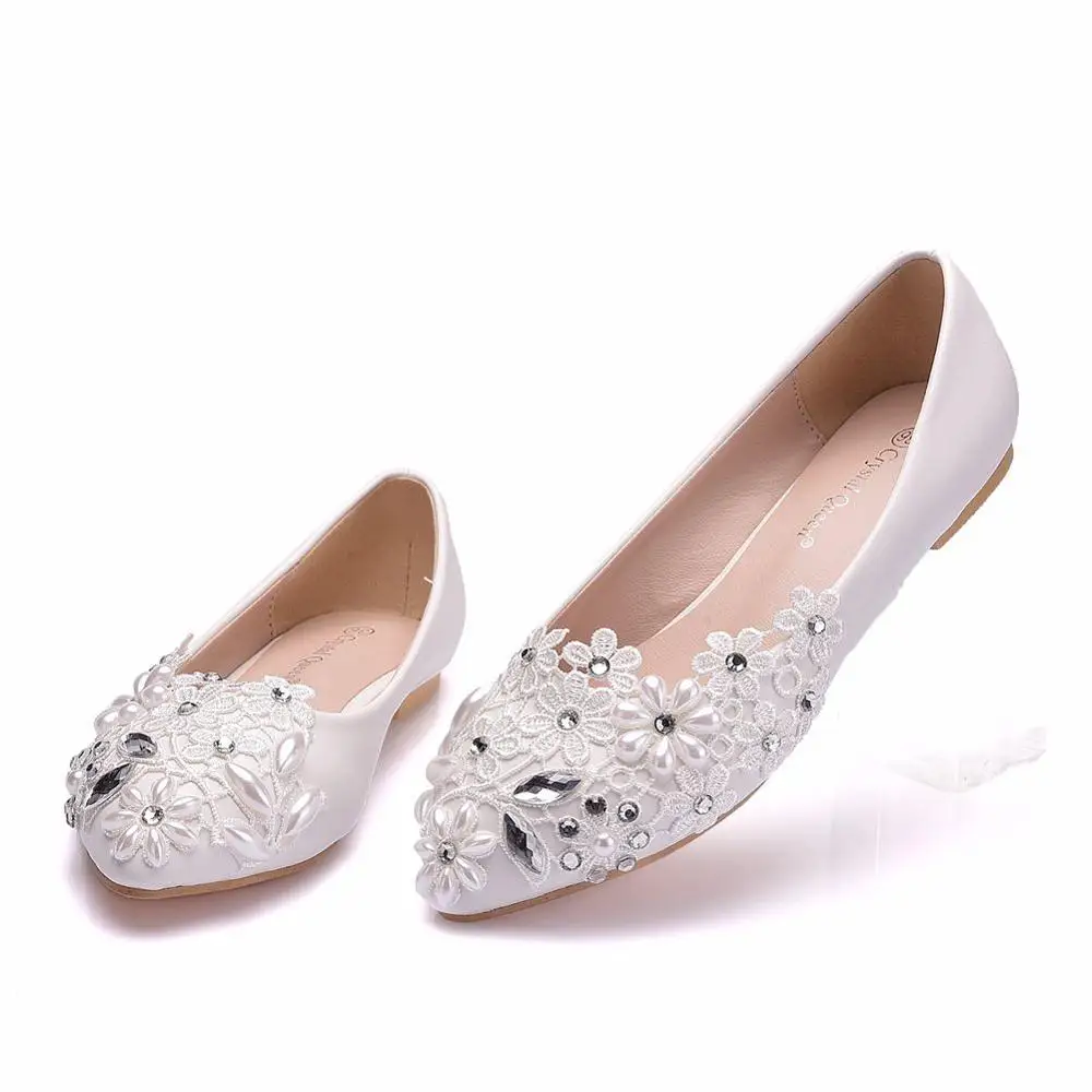 Новые кружевные Стразы с острым носком на плоской подошве белые свадебные