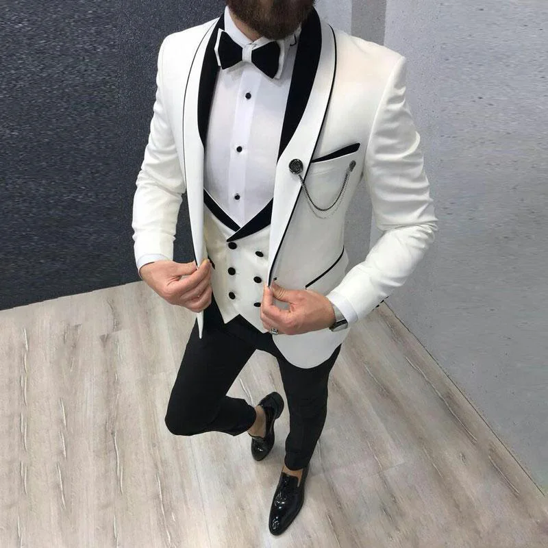 

Classy White Three Pieces Mens Suits Peaked Lapel Wedding Grooms Tuxedos Slim Fit Formal Blazer One Button Prom Wear