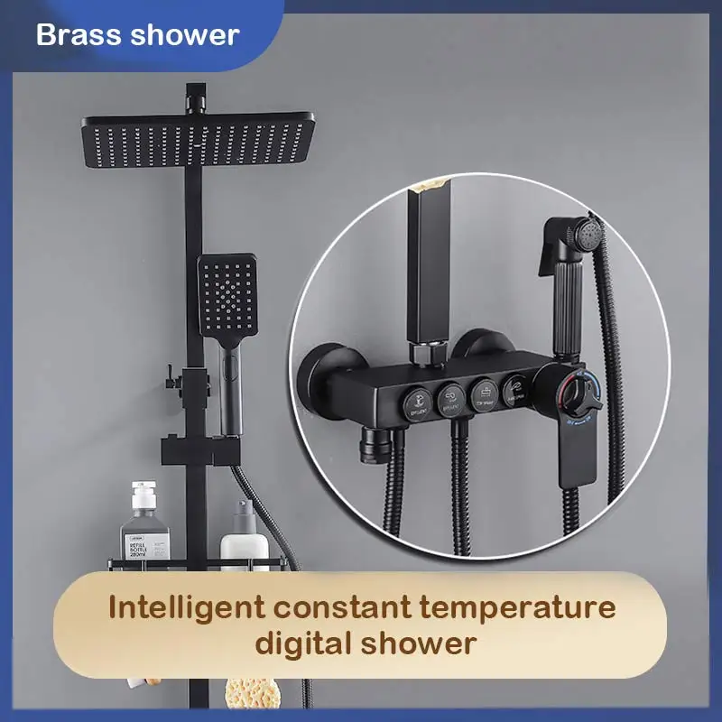 【Ships From：Ru】bathroom shower system copper black button thermostatic set 4-speed pressurized hand-held rain - купить по