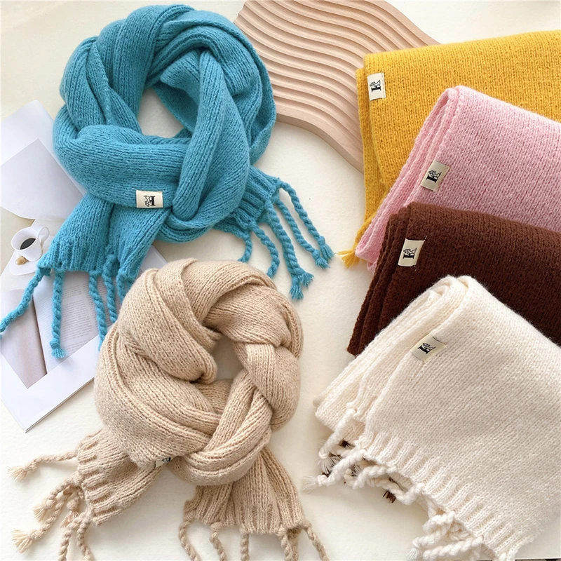 

INS Winter Warm Knitted Scarf Women Solid Color Foulard Female Tassel Shawls Wraps Scarves Thick Soft Fringed Shawl Long Stole