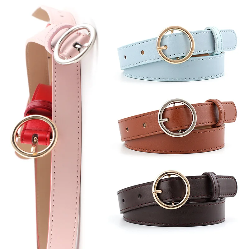 

Women's belt fashion classic round buckle ladies soft PU gold and silver buckle belt wild decoration jeans gown dress small belt