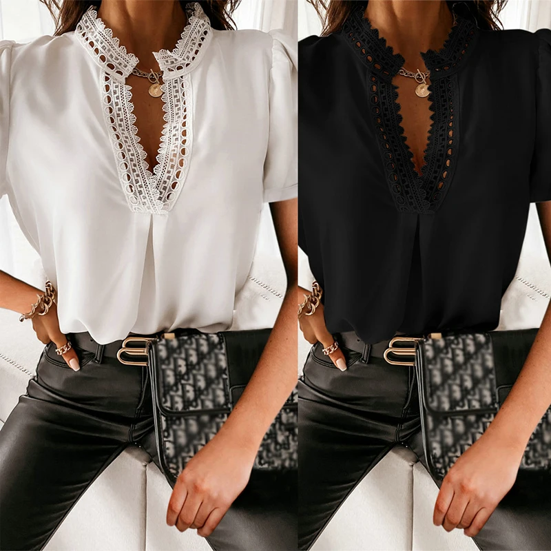 

Women Office Ladies Sleeve Lace Blouses Shirts Solid Short Hollow Out Slim Sexy Casual Blouse Tops Shirts Elegant Blouse G2589