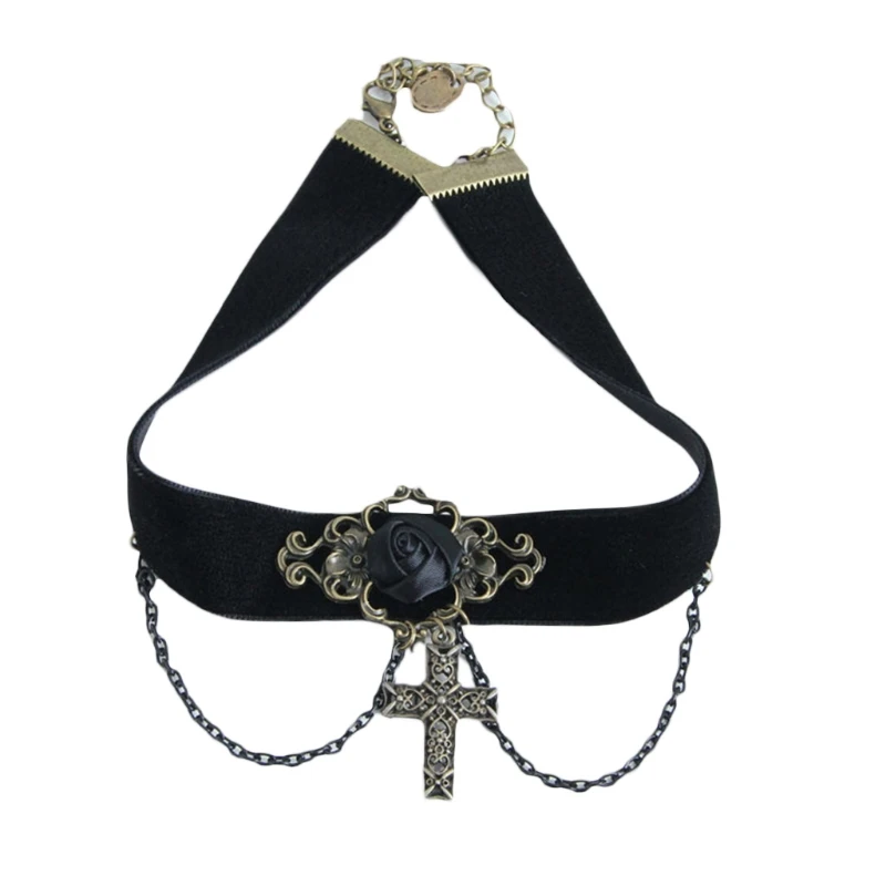 

Gothic Accessories Vintage Cross Choker With Metal Chain Goth Aesthetic Women Black Chokers Cosplay Daily Wear