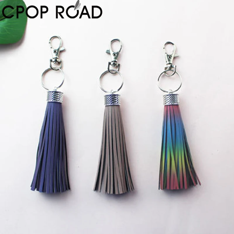 

Cpop Trendy Rainbow Faux Leather Key Chain for Women Creative Leather Tassel Pendant Phone Bag Car Keychain Girl Gift Key Ring