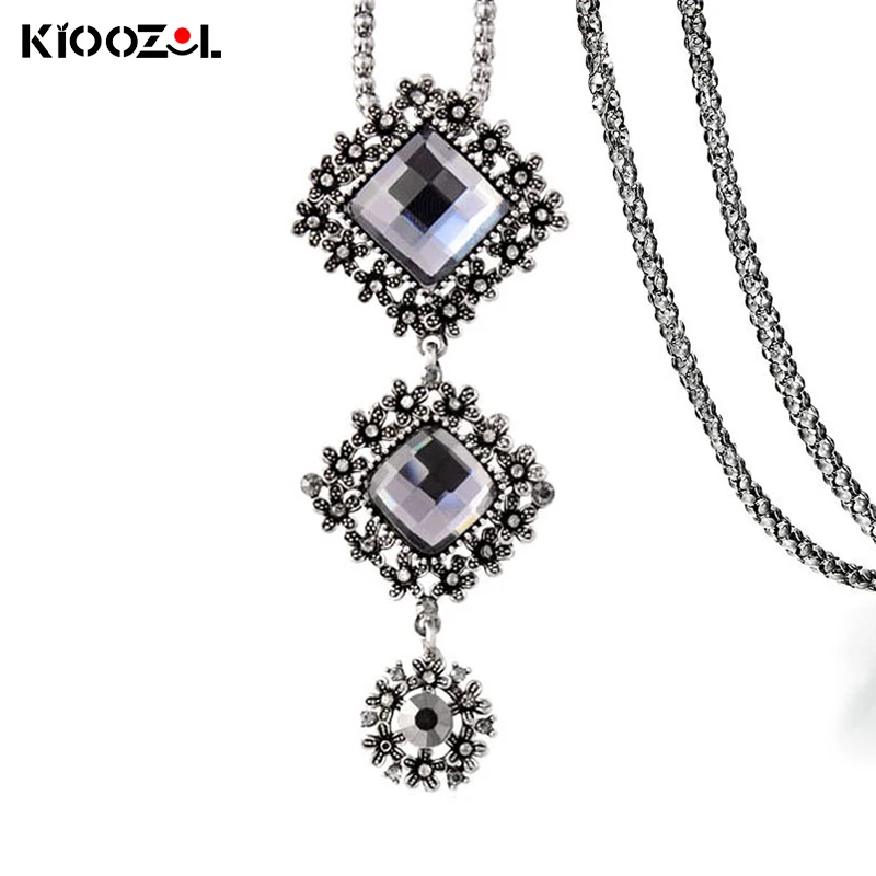 

KIOOZOL 3 Square Micro Inlay Cubic Zirconia Pendant Silver Color Long Necklace For Women Vintage Jewelry Accessories 031 KO2