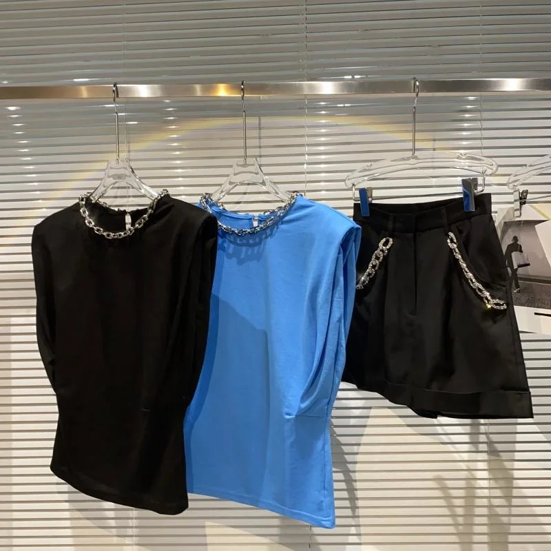 

Женская футболка без рукавов, дизайнерская стильная футболка с коротким рукавом и металлической цепочкой, лето 2021