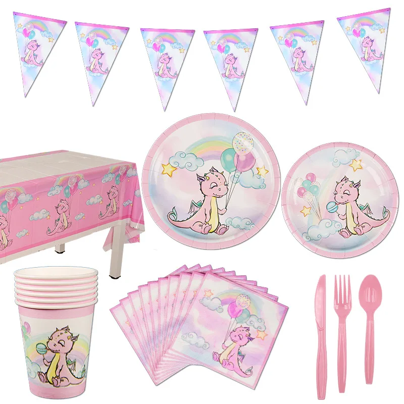 

Pink Cartoon Dinosaur Theme Disposable Tableware Supplies Birthday Party Kids Dinner Food Decoration Paper Plate Cup Pennant