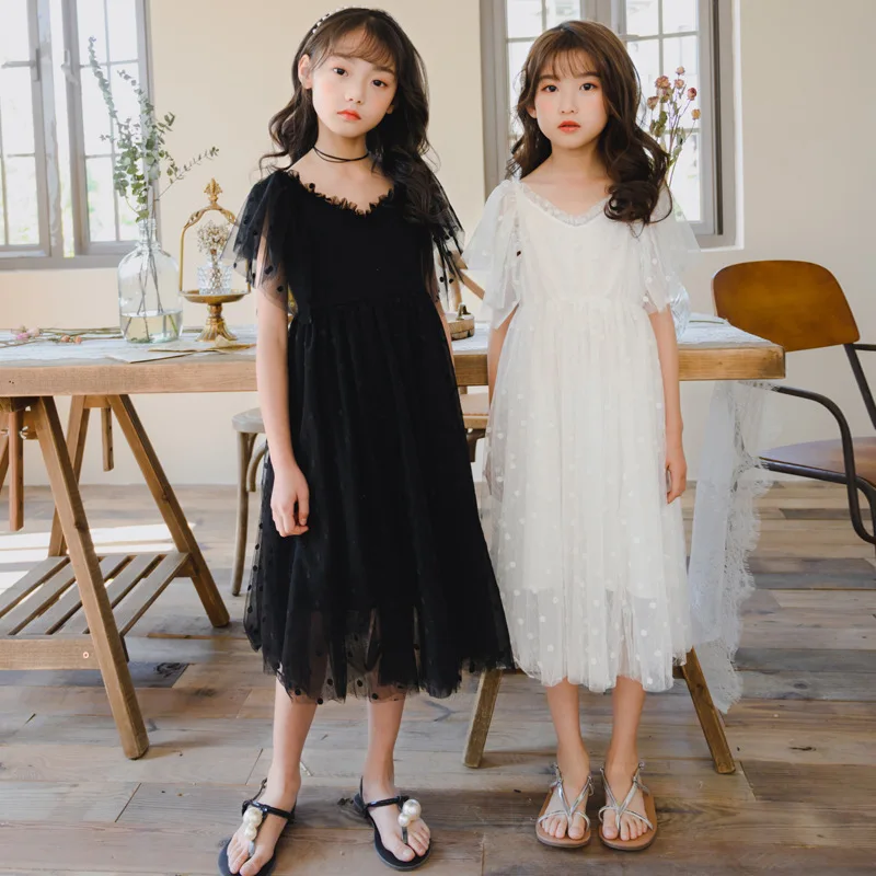 

4 To 16 Years,Kids Dress Girls Lace Dress Pollk Dot 2022 New Children Summer Clothes Teen Baby Party Dress Princess V-neck,#6051